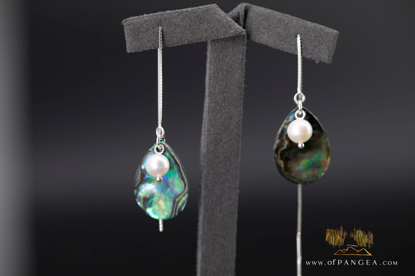 Paua Abalone Teardrop & AAA Pearl - Threader Earrings (4inch) - Sterling Silver || JF1276