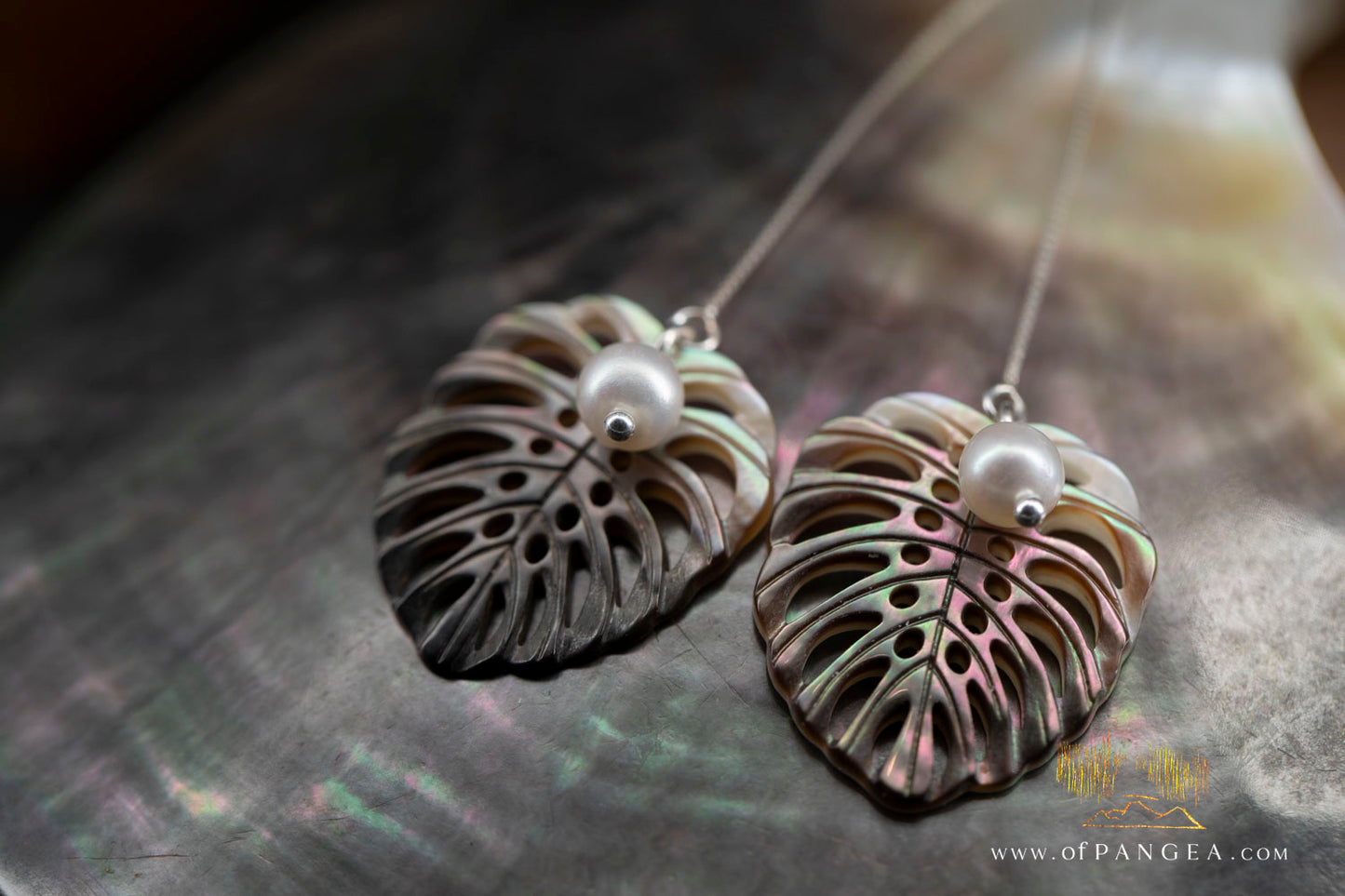 Monstera Leaf - Tahitian Mother of Pearl - 4 inch Threader Earrings - AAA Pearls - sterling silver || JF1278