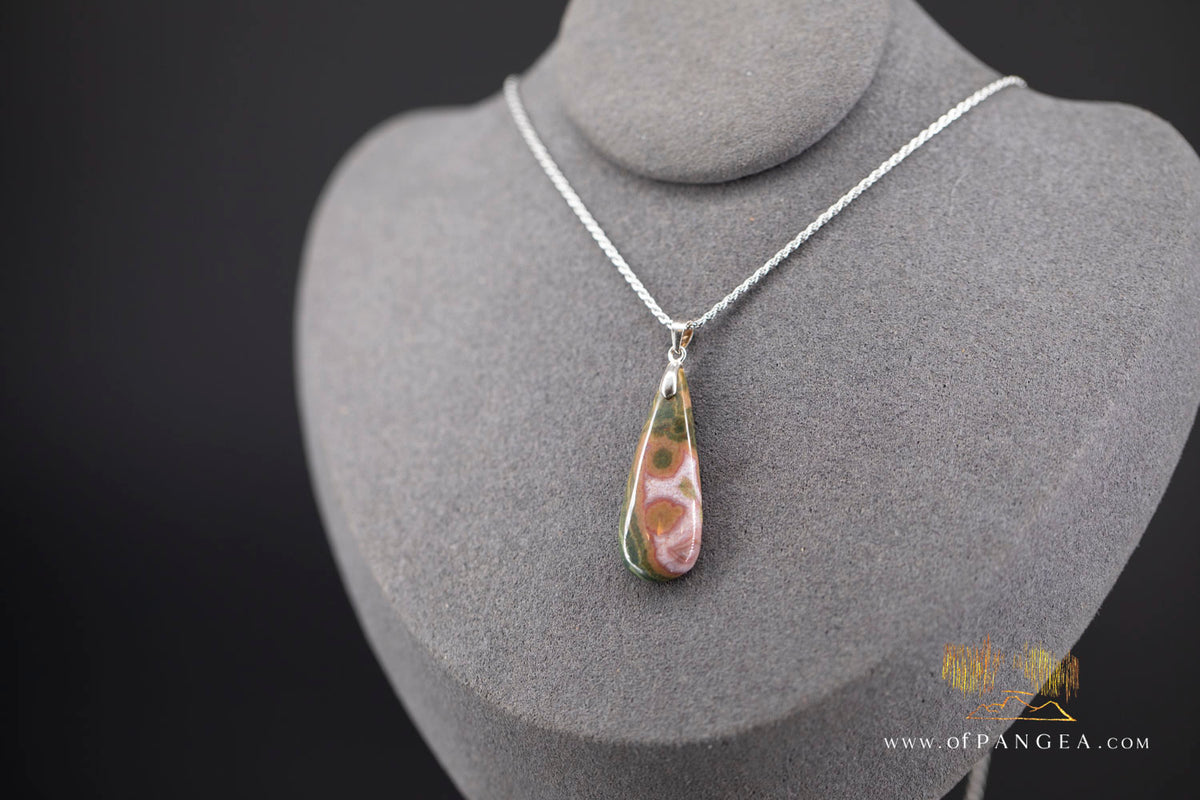 Ocean Jasper Teardrop Necklace - Italian Sterling Silver Rope Chain || JF1553
