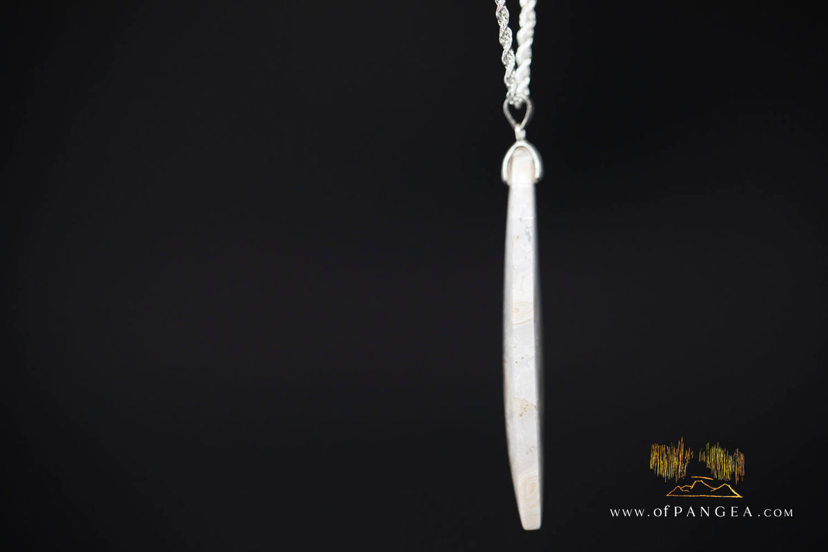 Agatized Fossil Coral Teardrop Tube Agate Necklace - Sterling Silver || JF1861
