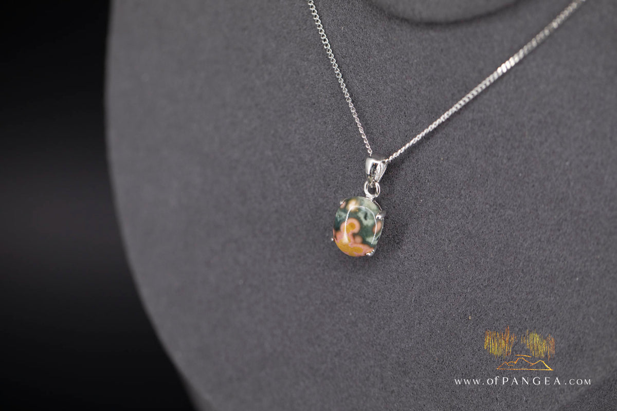 Madagascar Ocean Jasper Necklace - Rhodium plated Bezel - Italian sterling silver chain || JF1995