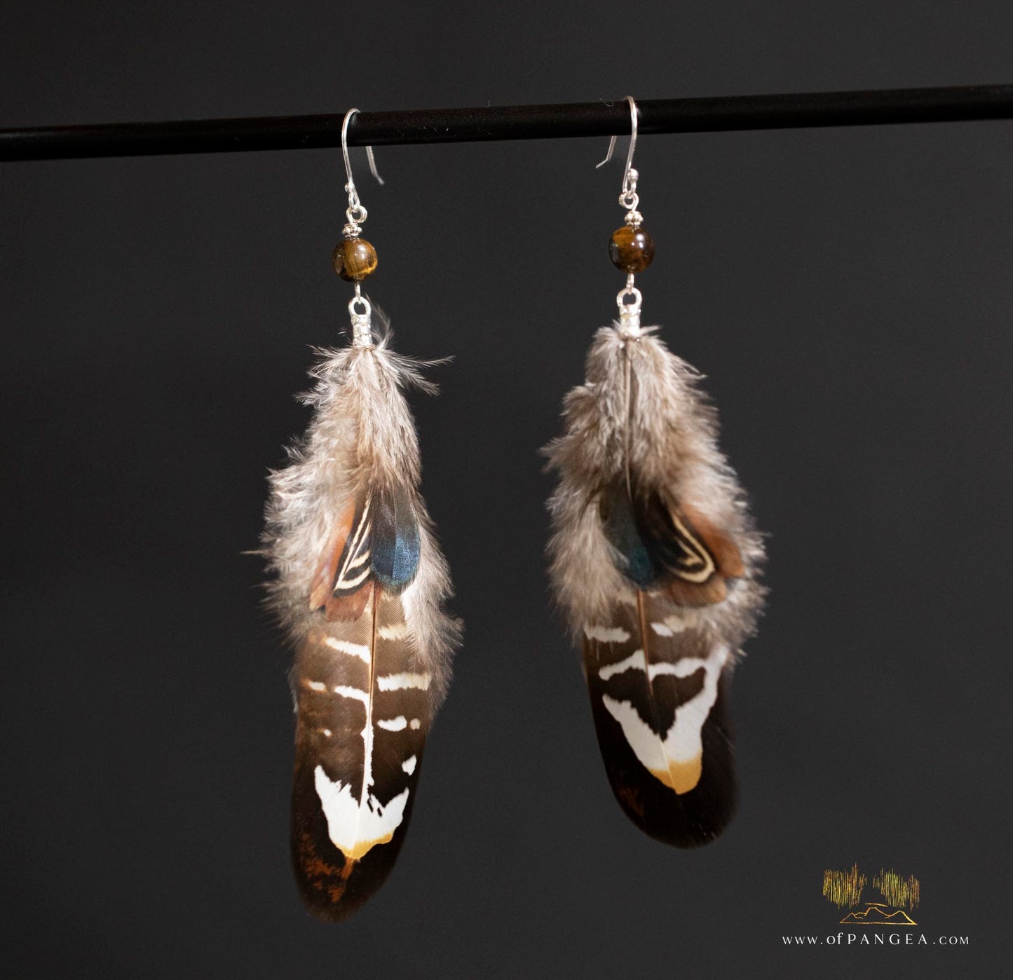 Pheasant Feather Earrings - Yellow Reeves Pheasant, Lady Amherst Blue, and Chocolate – Tiger's Eye Bead - Sterling Silver || JF317