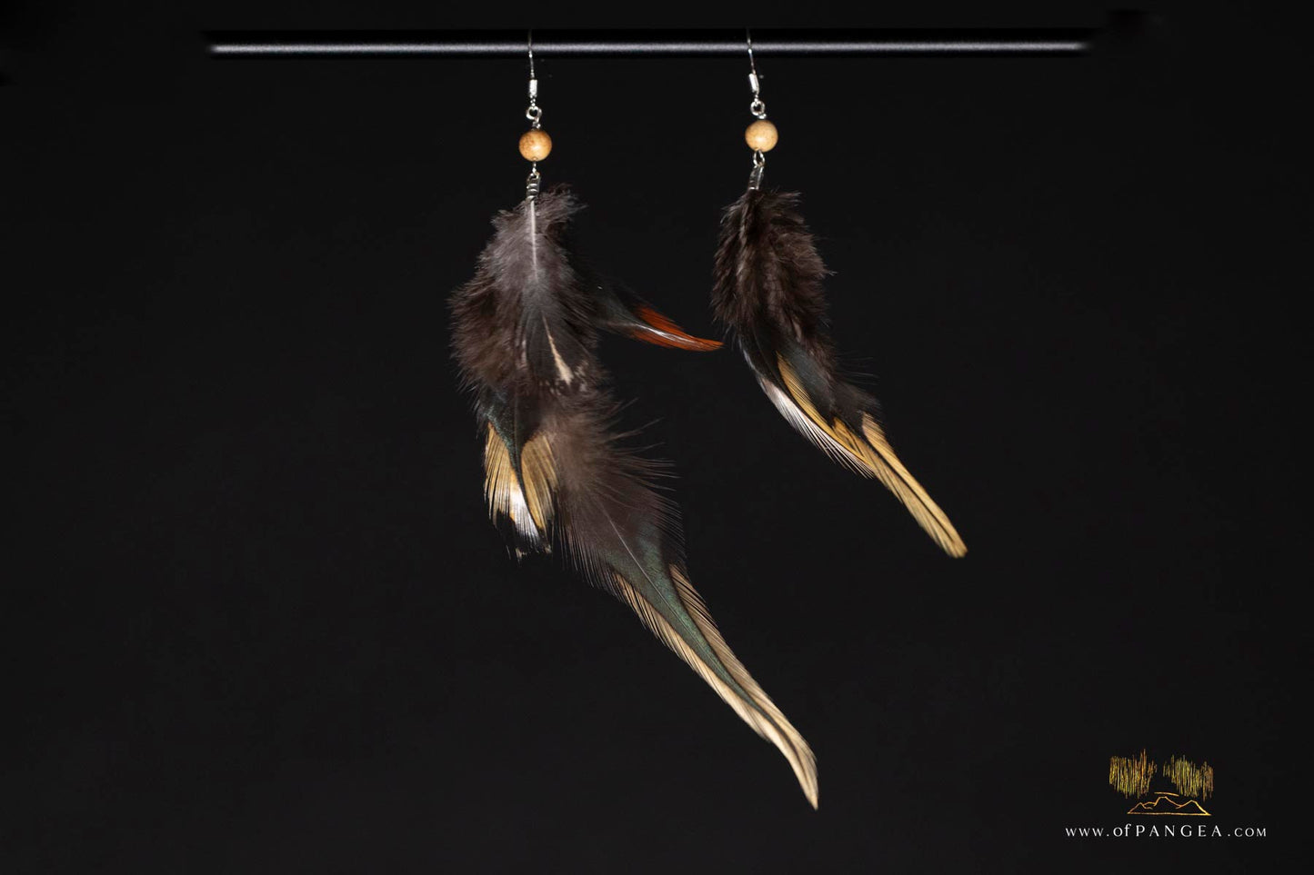 Black and gold feather Earrings - Journal jasper bead - Sterling Silver || JF320