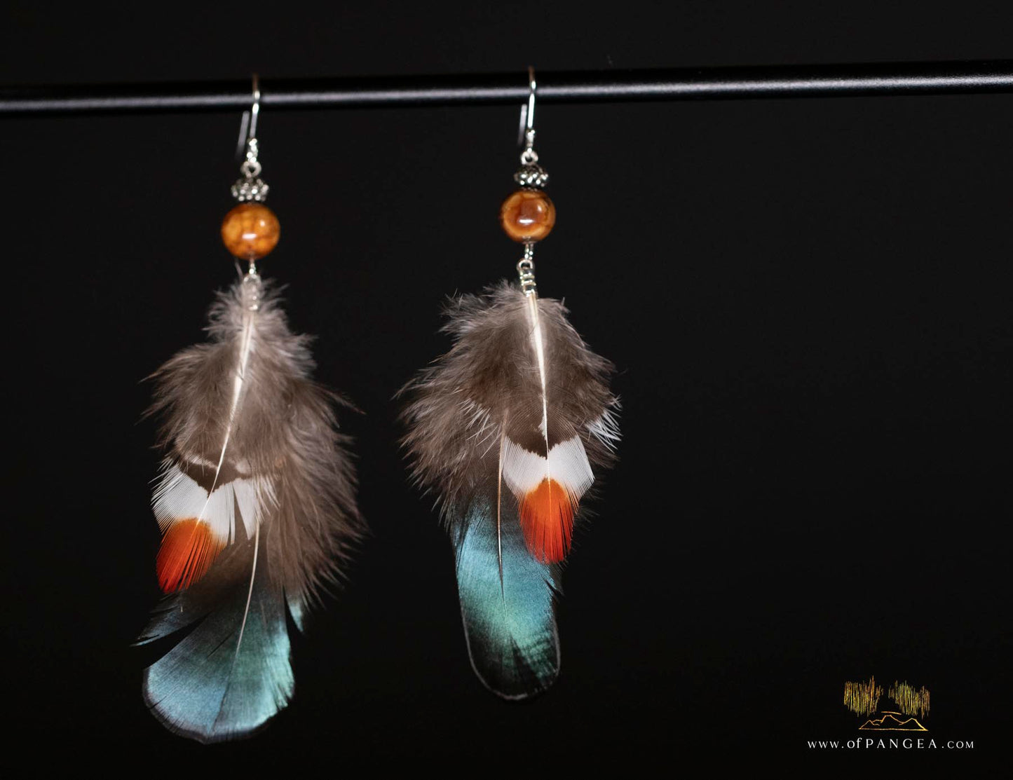 Lady Amherst Feather Earrings – Fire Agate Bead - Sterling Silver || JF323