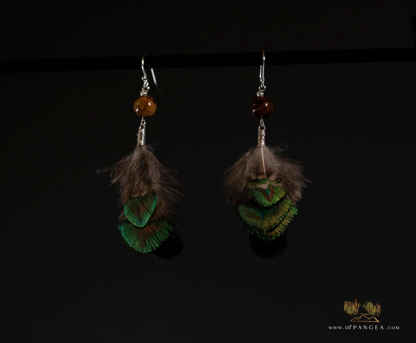 Peacock Feather Earrings – Fire Agate Bead - Sterling Silver || JF329