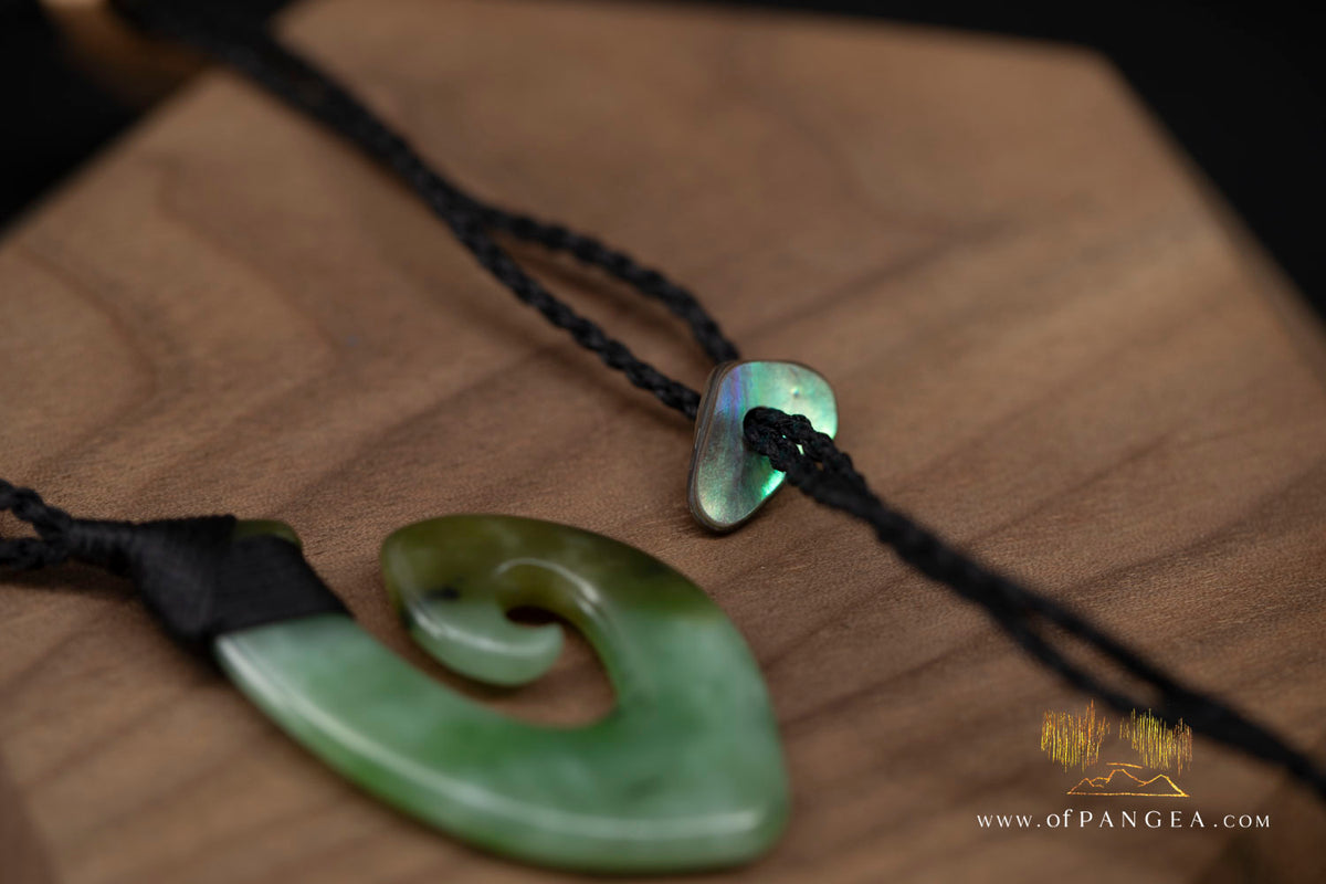 Hei Matau Hook - Siberian Nephrite Jade Necklace || Abalone Paua Toggle