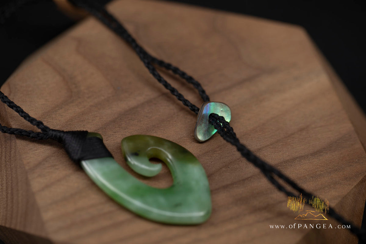 Hei Matau Hook - Siberian Nephrite Jade Necklace || Abalone Paua Toggle