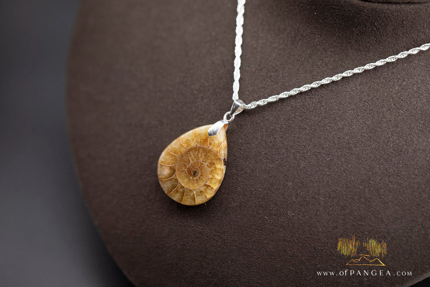 Fossilized Golden Per-mineralized Ammonite Tear Drop Necklace - Italian sterling silver || JF1049