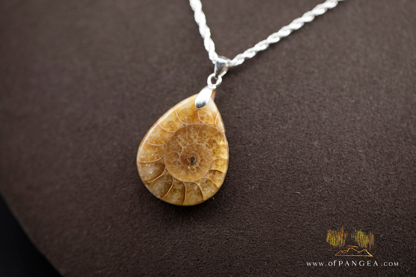 Fossilized Golden Per-mineralized Ammonite Tear Drop Necklace - Italian sterling silver || JF1049