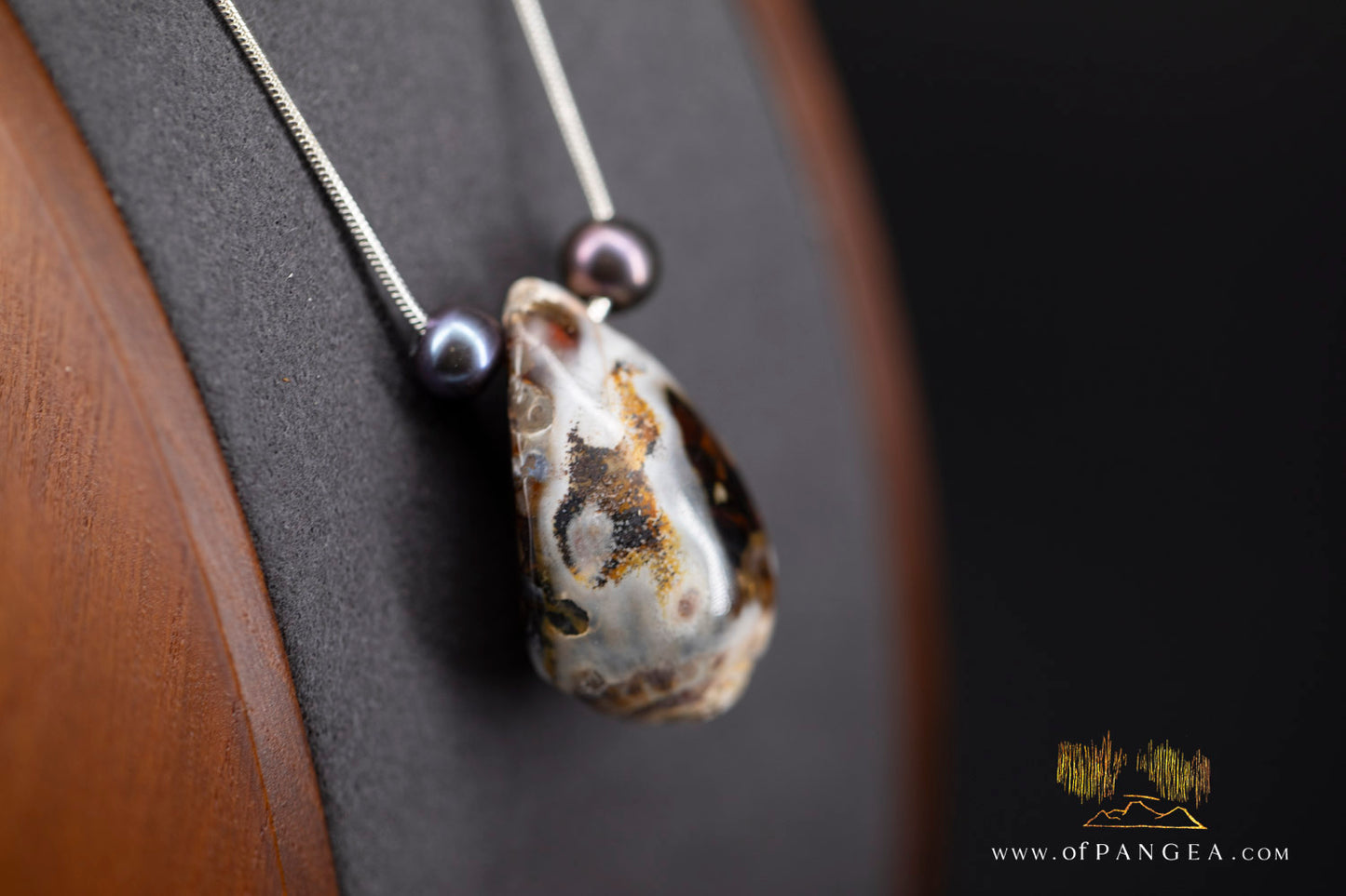 Agatized Spiral Shell fossil and AAA Peacock Pearl - Italian sterling silver || JF1164