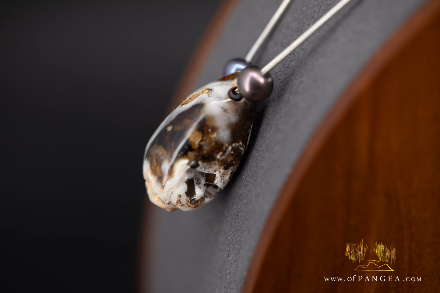 Agatized Spiral Shell fossil and AAA Peacock Pearl - Italian sterling silver || JF1164