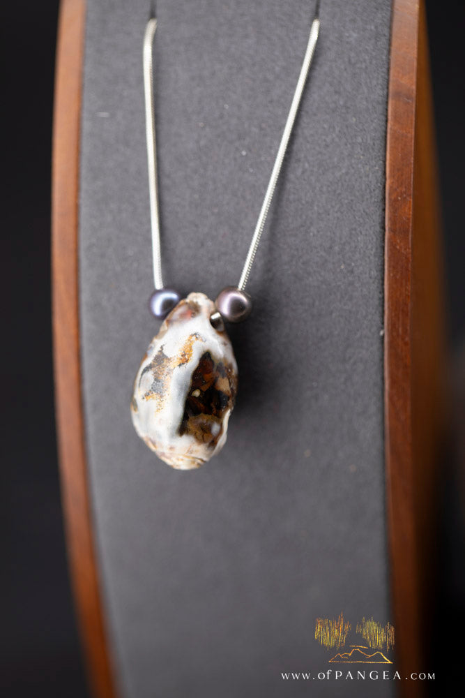 Agatized Spiral Shell fossil and AAA Peacock Pearl - Italian sterling silver || JF1164