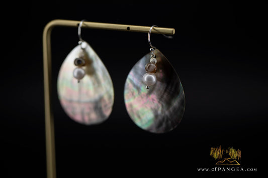 Tahitian Black-Lipped Mother of Pearl Large Teardrop Earrings and AAA Pearl Cascade - sterling silver || JF1206