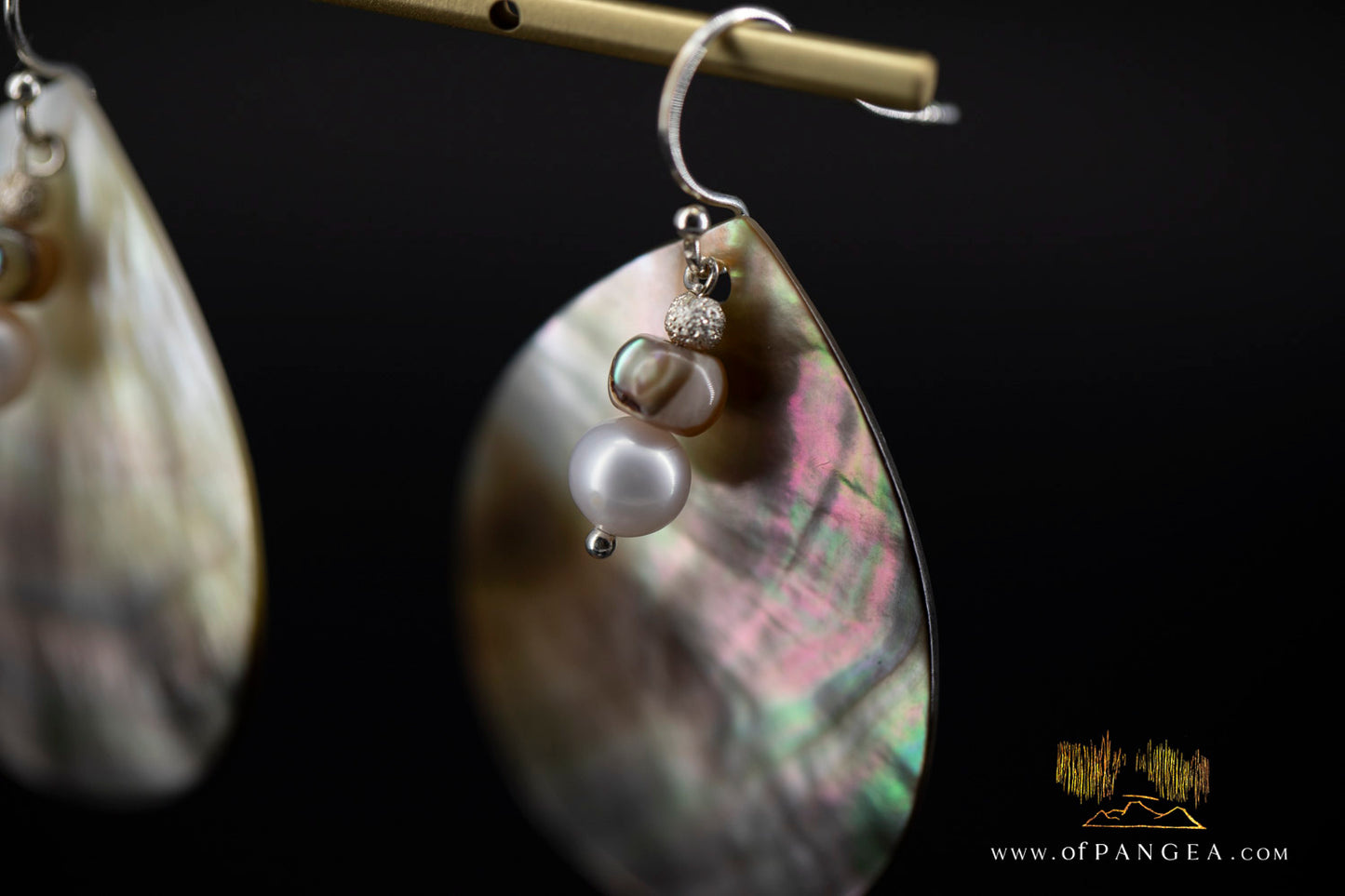 Tahitian Black-Lipped Mother of Pearl Large Teardrop Earrings and AAA Pearl Cascade - sterling silver || JF1206