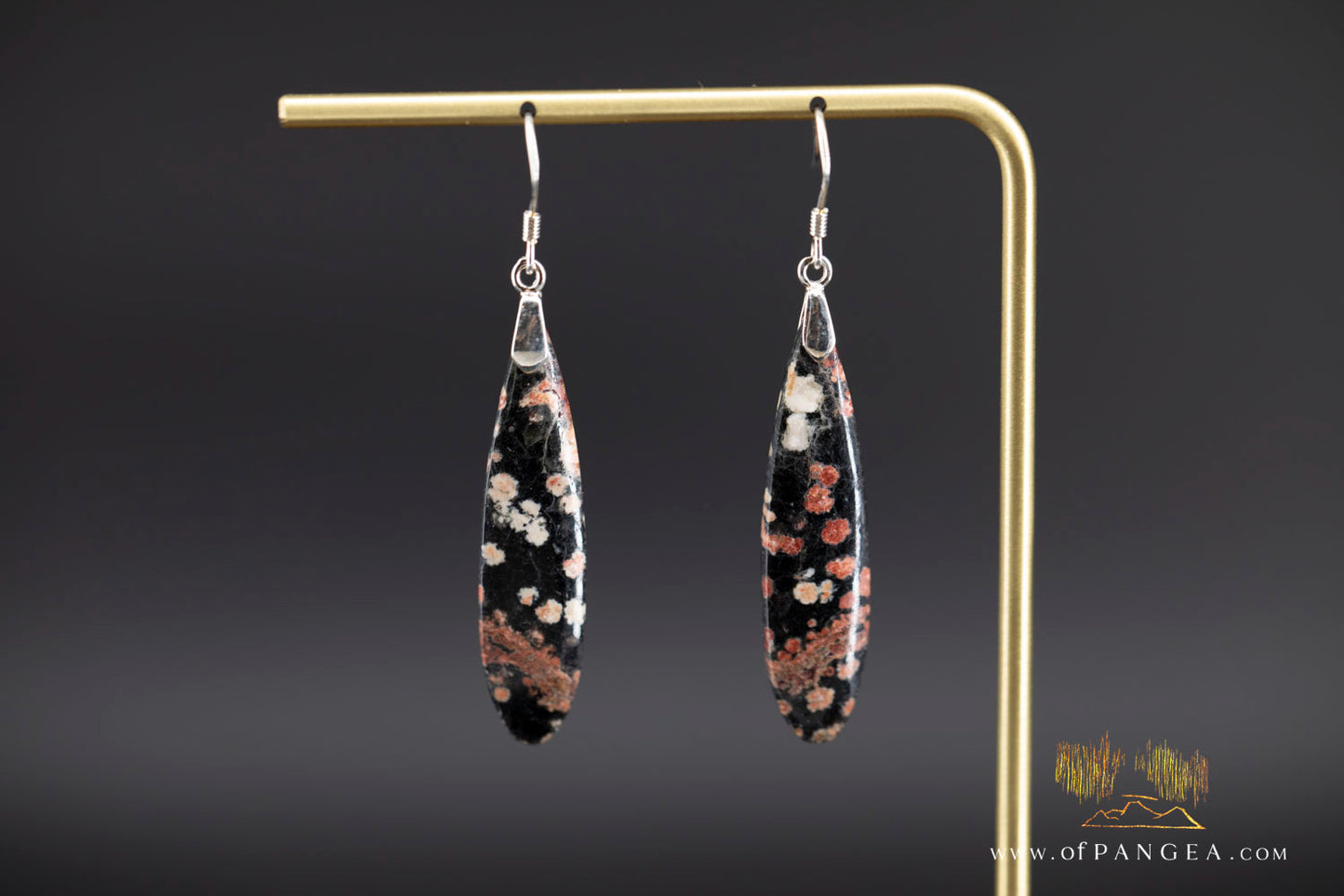 Pink Snowflake Obsidian teardrop earrings - Sterling Silver || JF1218