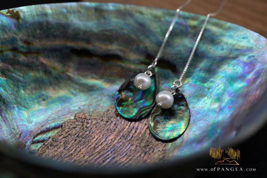 Paua Abalone Teardrop & AAA Pearl - Threader Earrings (4inch) - Sterling Silver || JF1276