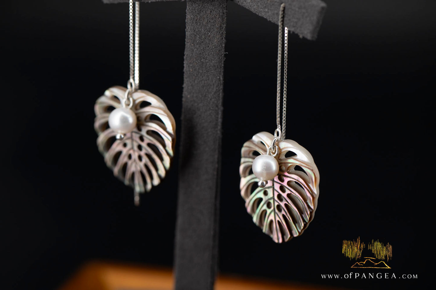 Monstera Leaf - Tahitian Mother of Pearl - 4 inch Threader Earrings - AAA Pearls - sterling silver || JF1278