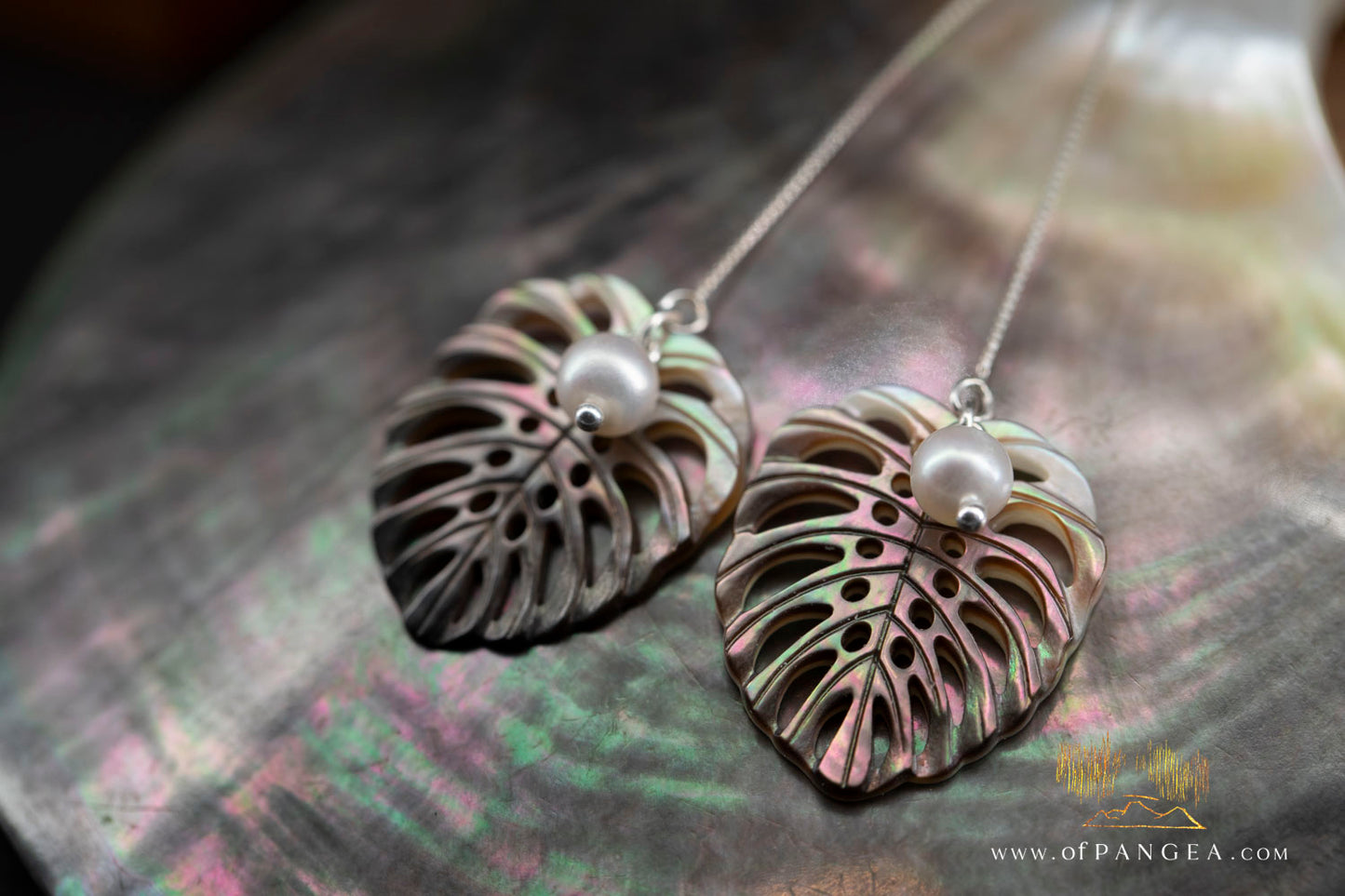 Monstera Leaf - Tahitian Mother of Pearl - 4 inch Threader Earrings - AAA Pearls - sterling silver || JF1278