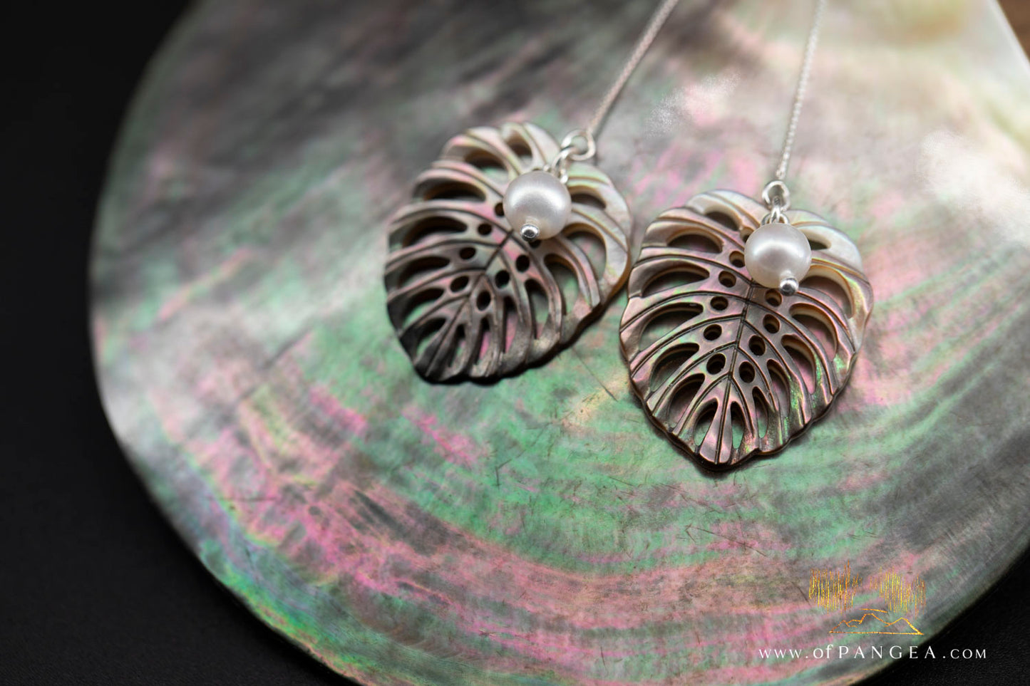 Monstera Leaf - Tahitian Mother of Pearl - 4 inch Threader Earrings - AAA Pearls - sterling silver || JF1278