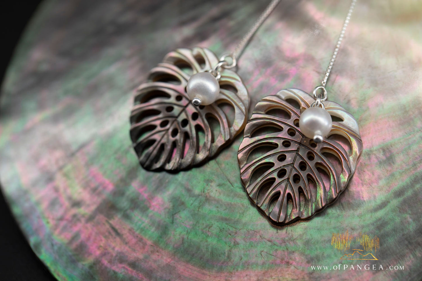 Monstera Leaf - Tahitian Mother of Pearl - 4 inch Threader Earrings - AAA Pearls - sterling silver || JF1278