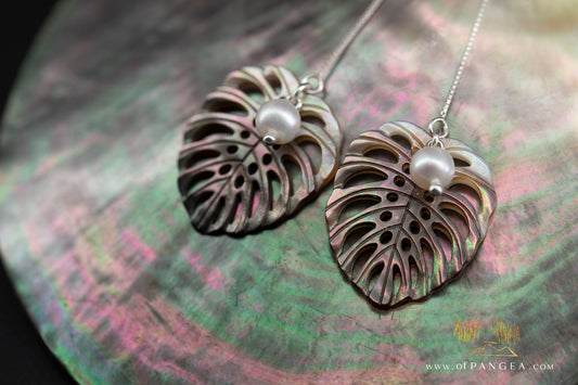 Monstera Leaf - Tahitian Mother of Pearl - 4 inch Threader Earrings - AAA Pearls - sterling silver || JF1278