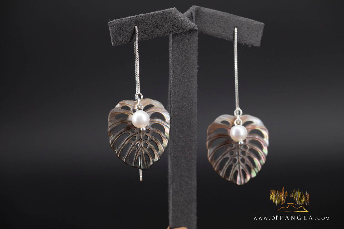 Monstera Leaf - Tahitian Mother of Pearl - 4 inch Threader Earrings - AAA Pearls - sterling silver || JF1278