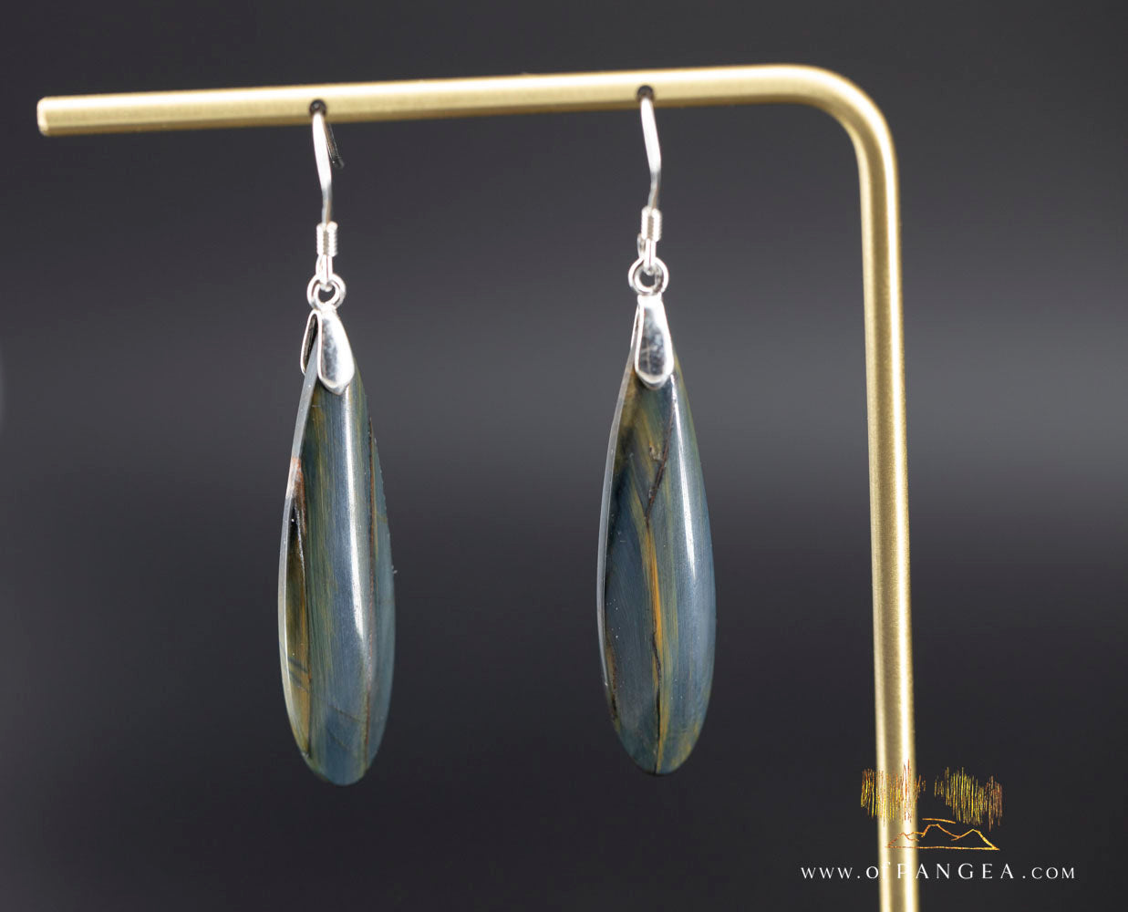 Rare bicolor Blue & Gold Tigers Eye teardrop earrings - Sterling Silver || JF1401