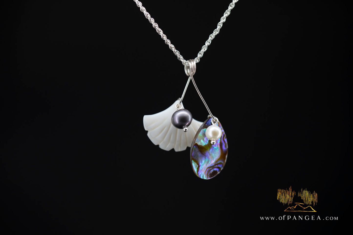 The Dotē : Paua Abalone Teardrop & Gingko Leaf Mother of Pearl with AAA Akoya Pearl and AA Peacock Pearl - Italian Sterling Silver necklace || JF1445