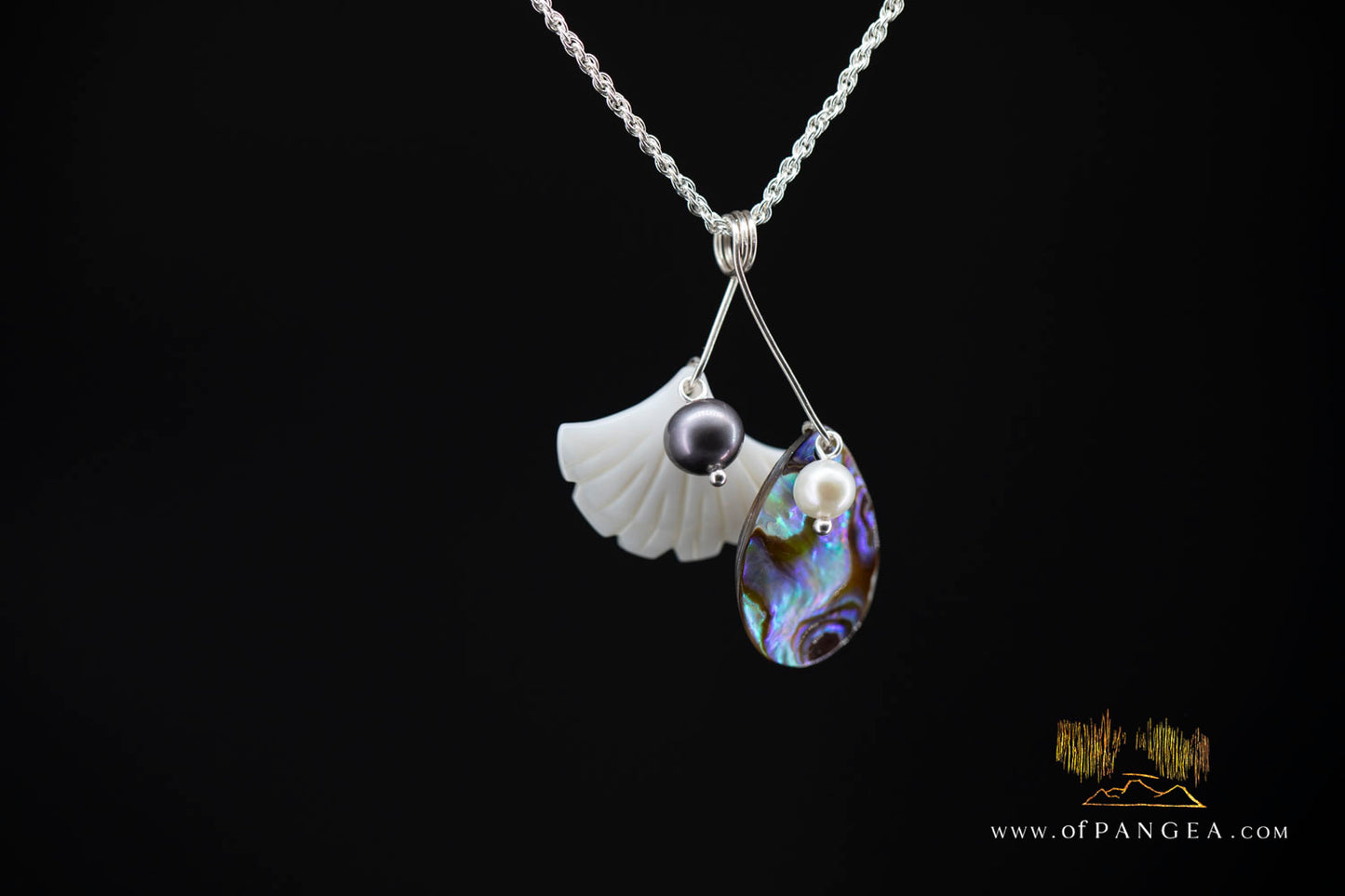 The Dotē : Paua Abalone Teardrop & Gingko Leaf Mother of Pearl with AAA Akoya Pearl and AA Peacock Pearl - Italian Sterling Silver necklace || JF1445