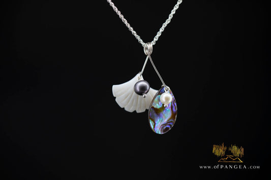 The Dotē : Paua Abalone Teardrop & Gingko Leaf Mother of Pearl with AAA Akoya Pearl and AA Peacock Pearl - Italian Sterling Silver necklace || JF1445