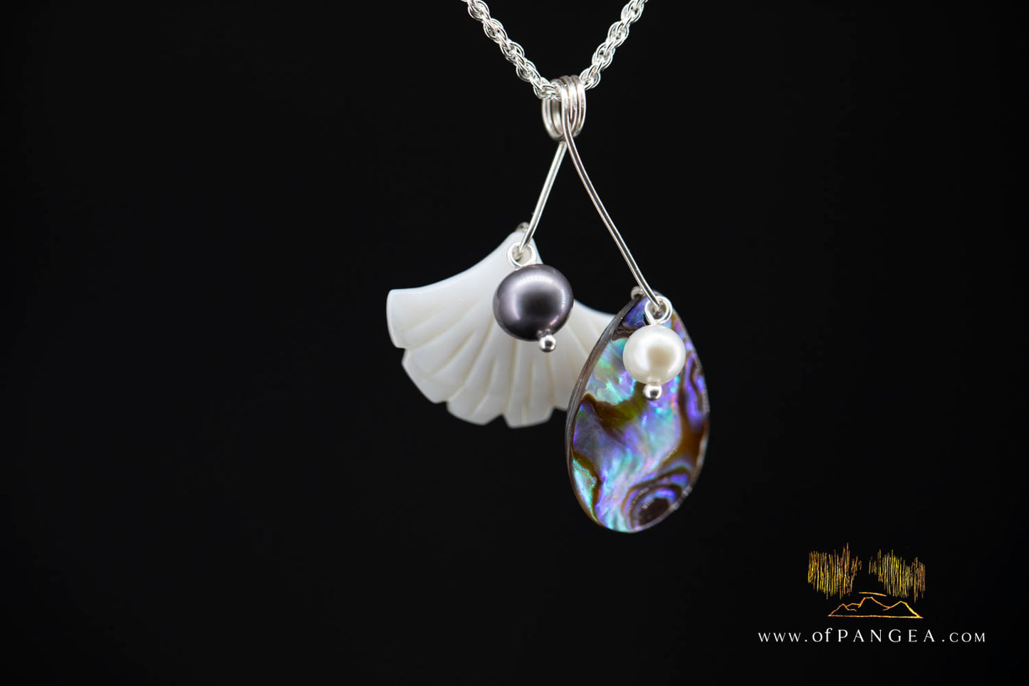 The Dotē : Paua Abalone Teardrop & Gingko Leaf Mother of Pearl with AAA Akoya Pearl and AA Peacock Pearl - Italian Sterling Silver necklace || JF1445