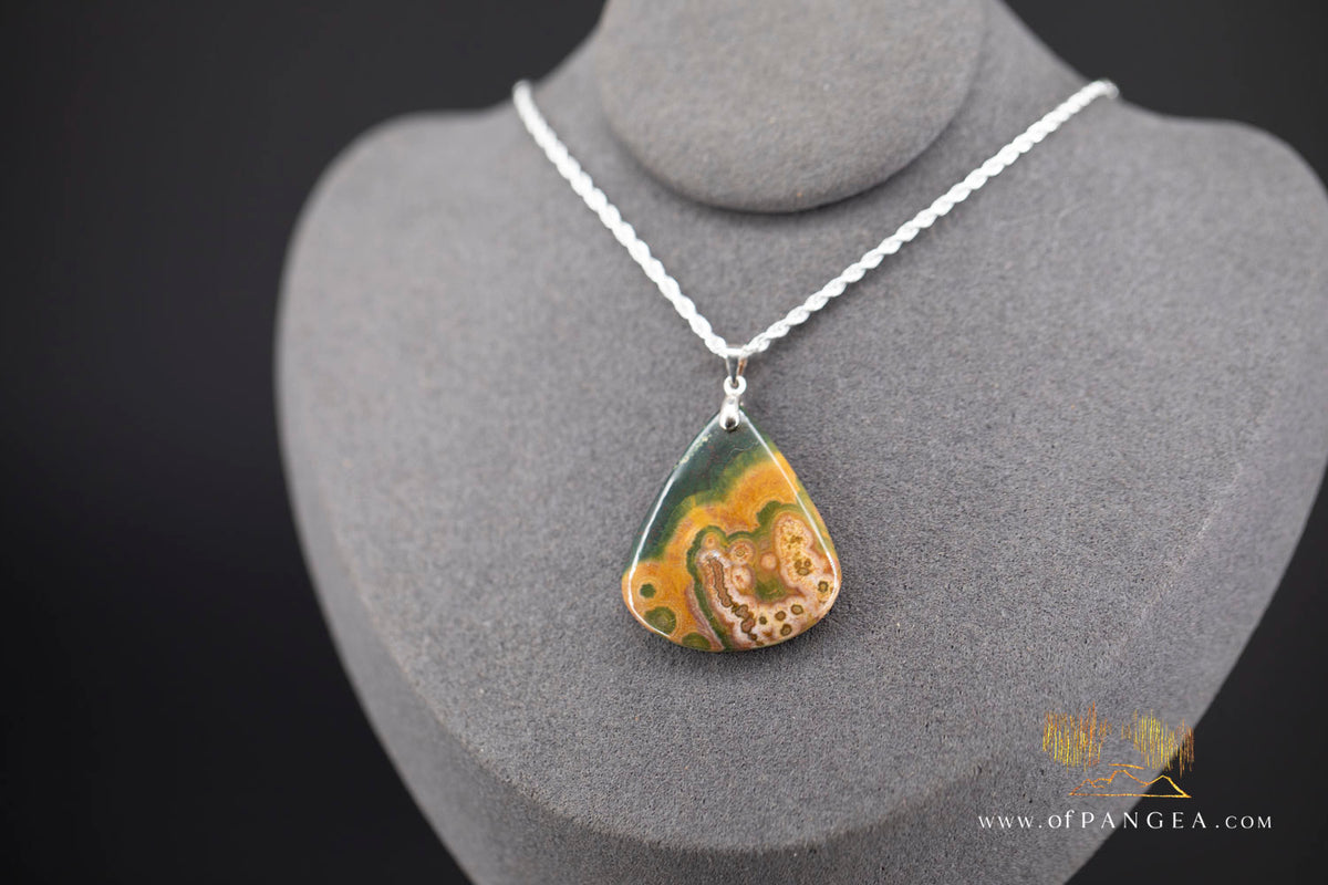 Ocean Jasper Teardrop Necklace - Italian Sterling Silver Rope Chain || JF1551