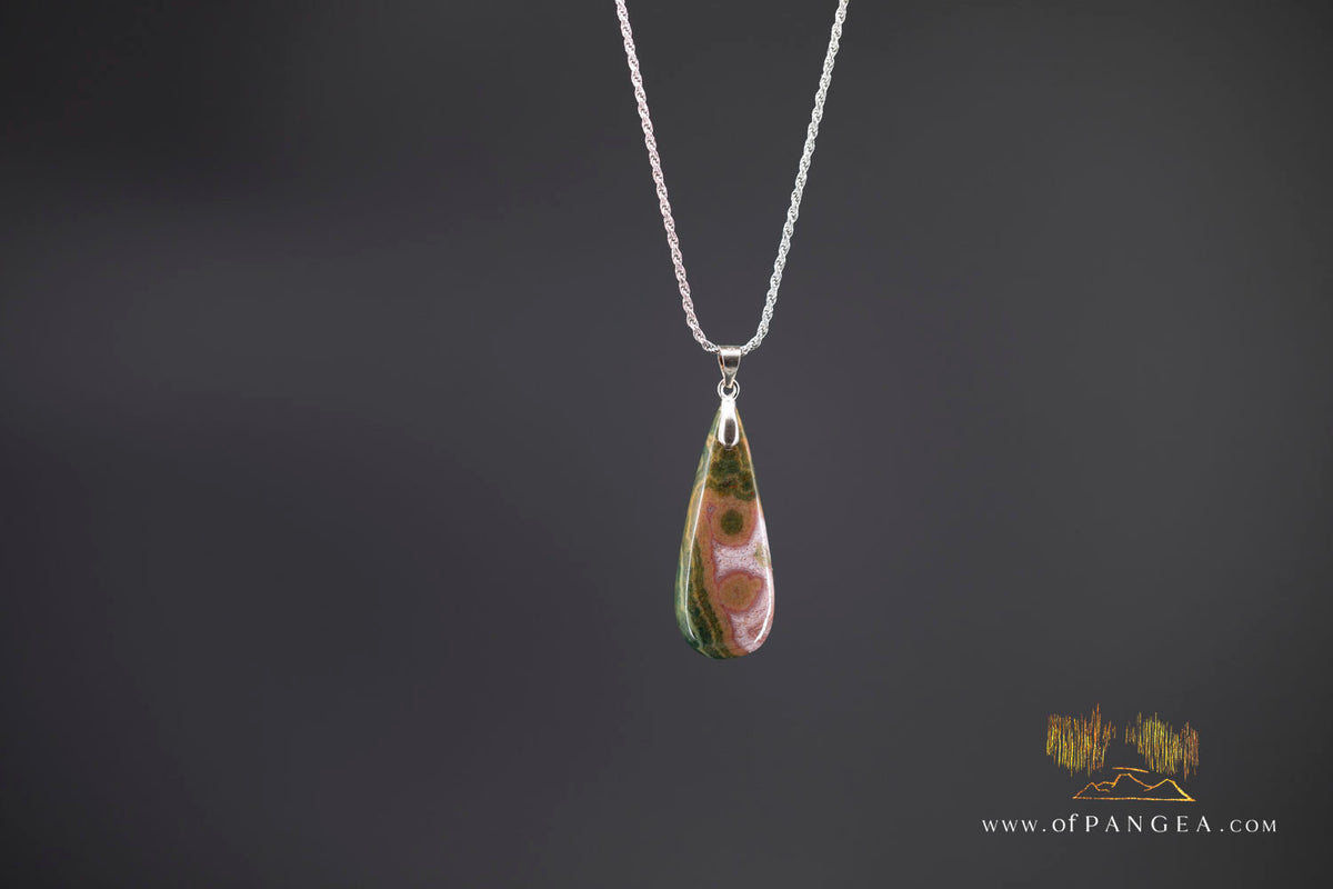 Ocean Jasper Teardrop Necklace - Italian Sterling Silver Rope Chain || JF1553