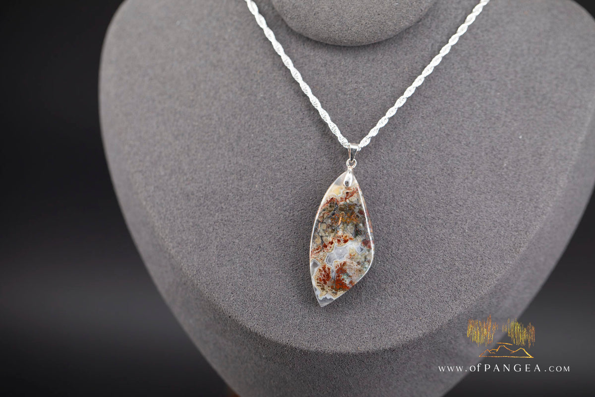 Plume Agate Drop Pendant - Italian Sterling Silver - Necklace || JF1655