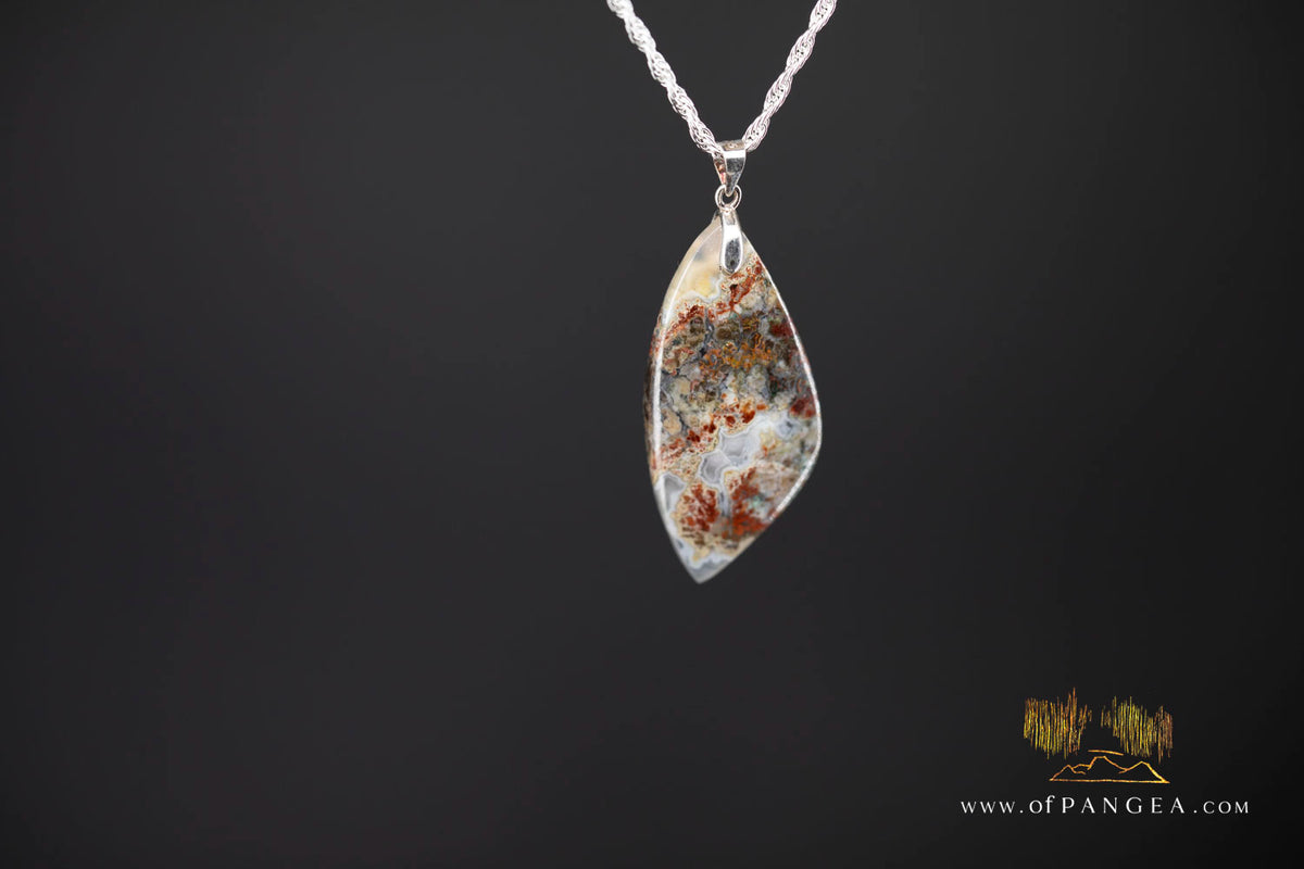 Plume Agate Drop Pendant - Italian Sterling Silver - Necklace || JF1655