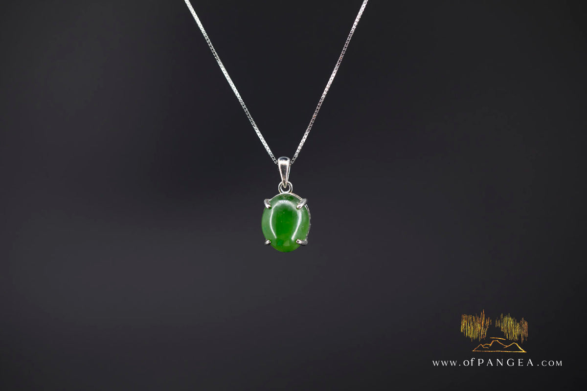 Cassiar Jade Oval Cabochon - British Columbian Nephrite Jade Necklace - Rhodium plated Bezel - Italian sterling silver chain || JF1689