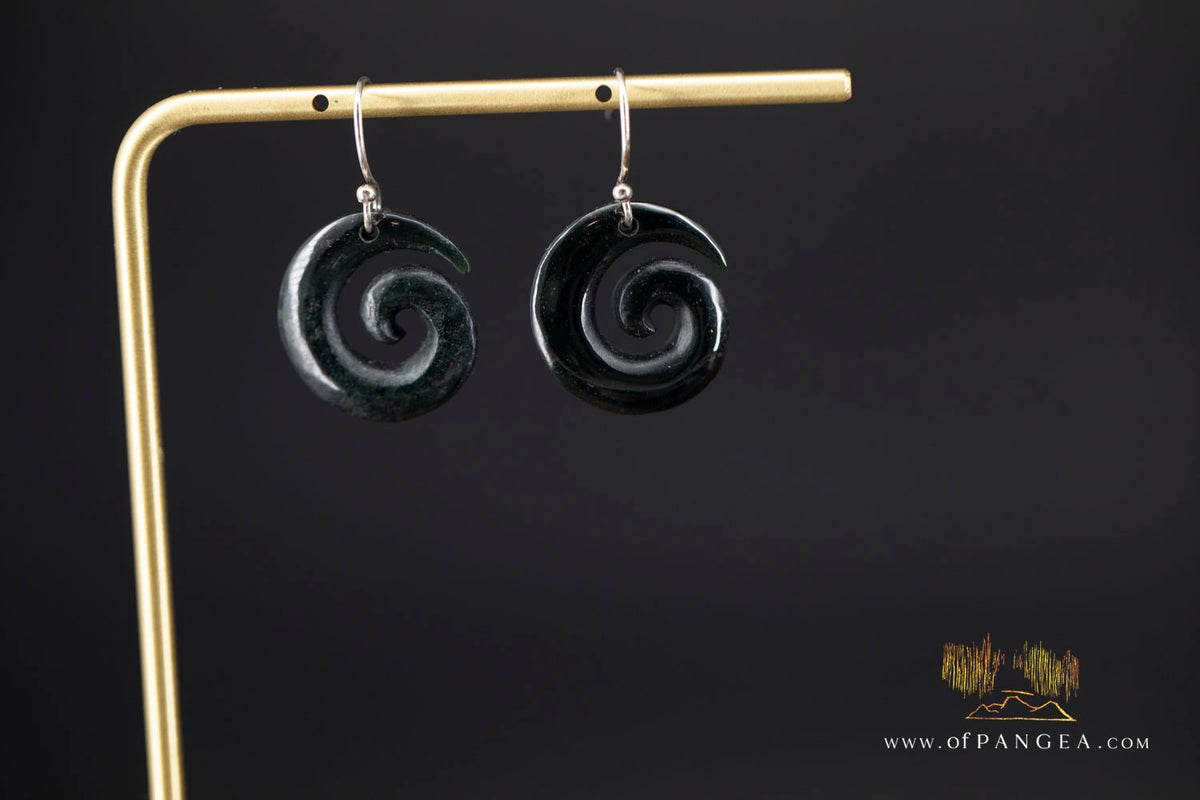 Koru Spiral Earrings - Australian Black Nephrite Jade - High Polish || JF1776