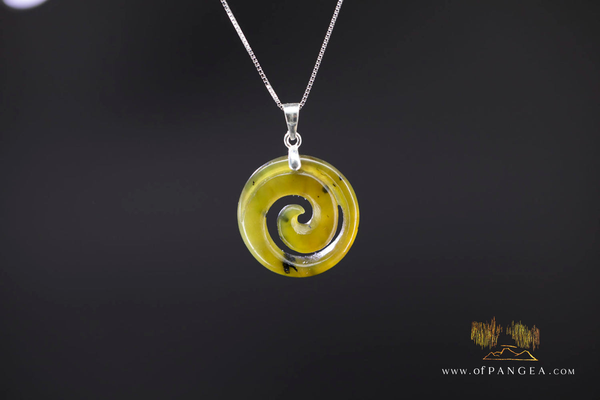 Koru Spiral - Siberian Nephrite Jade Necklace - Italian Sterling Silver box Chain || JF1839