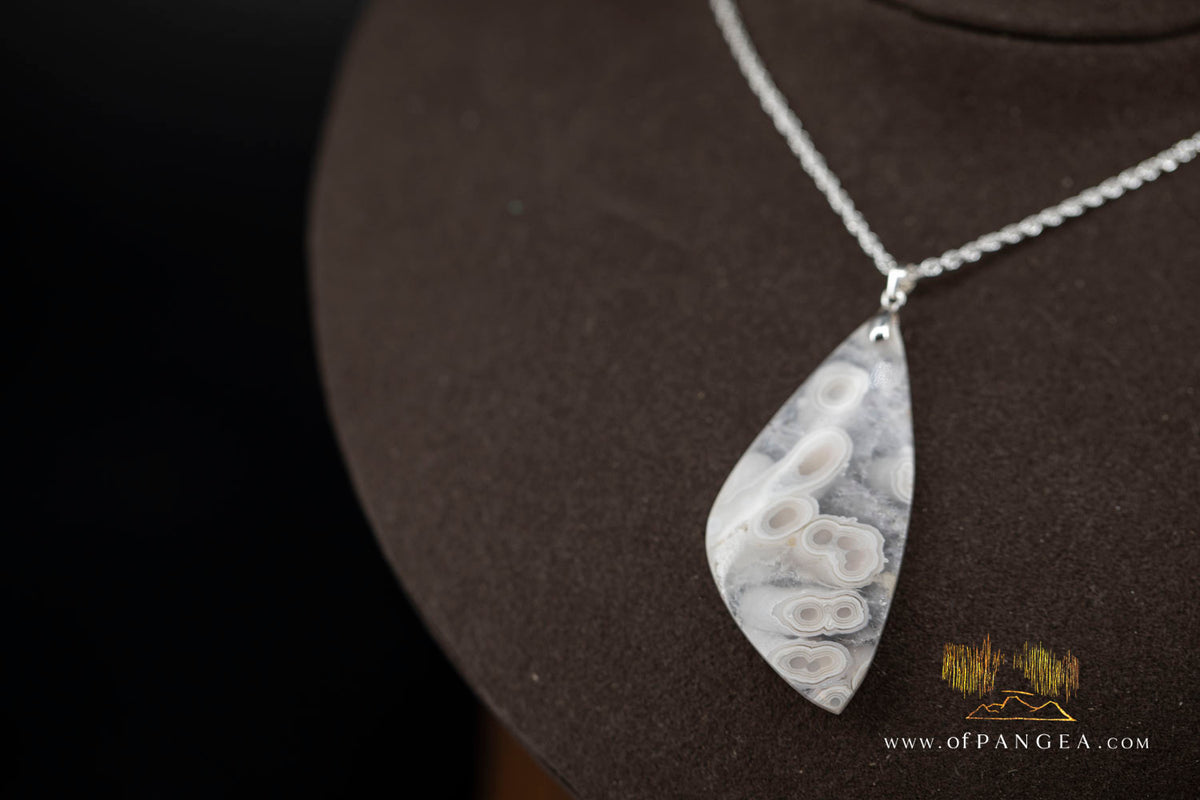 Agatized Fossil Coral Teardrop Tube Agate Necklace - Sterling Silver || JF1861