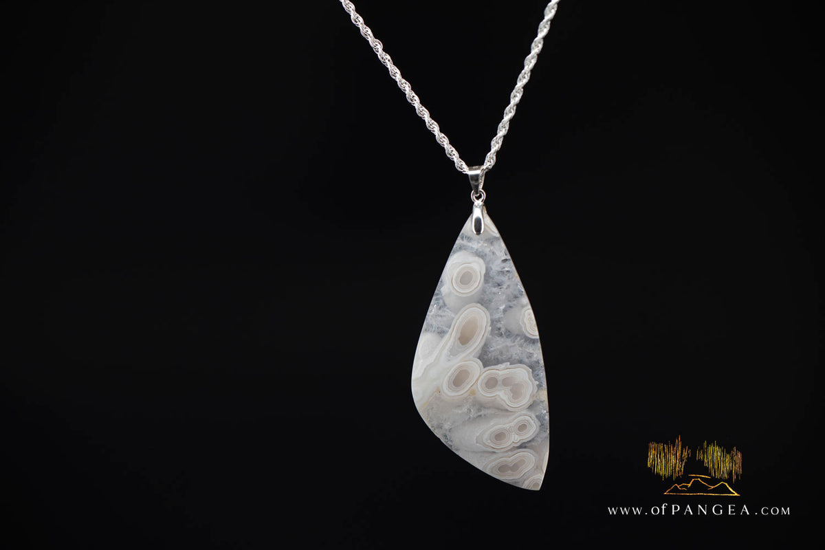 Agatized Fossil Coral Teardrop Tube Agate Necklace - Sterling Silver || JF1861
