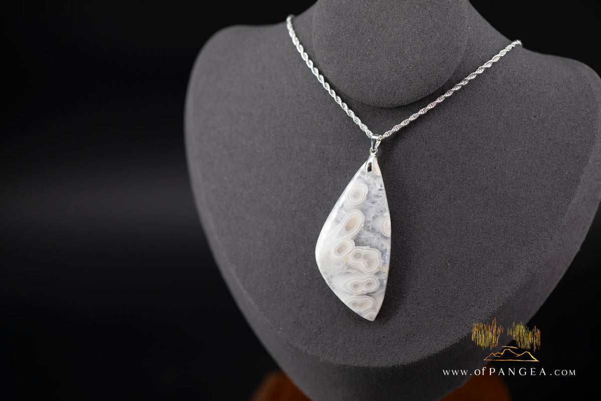 Agatized Fossil Coral Teardrop Tube Agate Necklace - Sterling Silver || JF1861