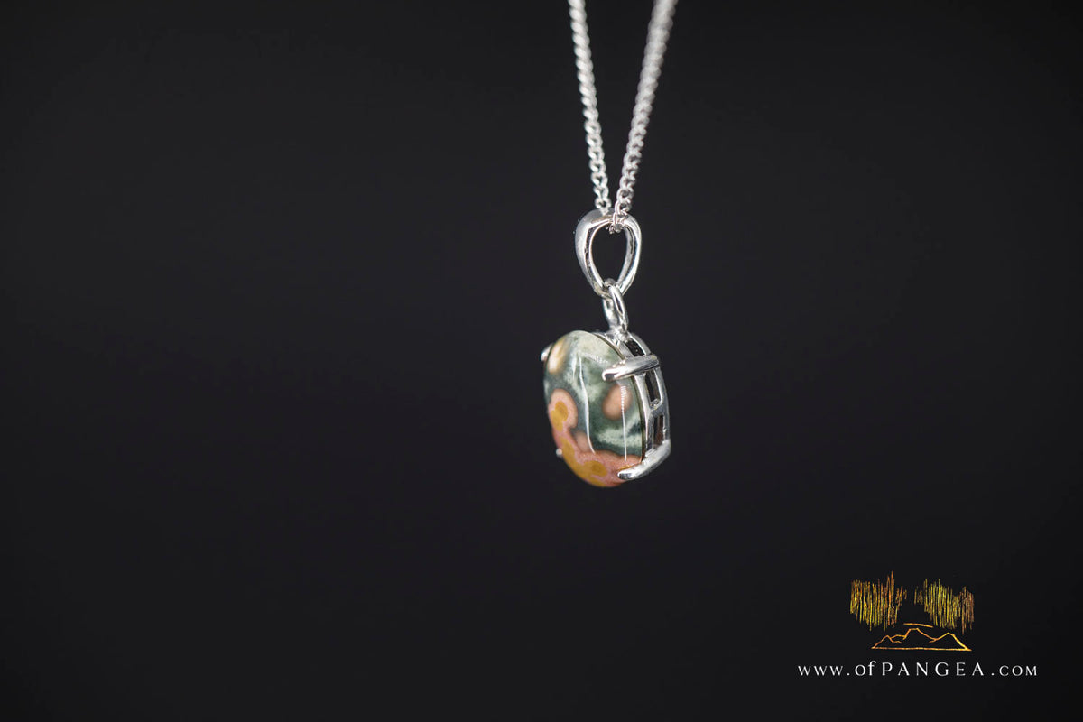 Madagascar Ocean Jasper Necklace - Rhodium plated Bezel - Italian sterling silver chain || JF1995