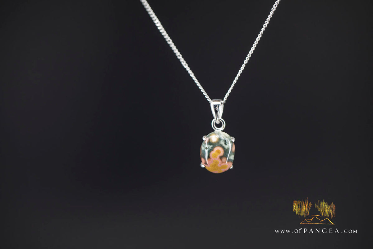 Madagascar Ocean Jasper Necklace - Rhodium plated Bezel - Italian sterling silver chain || JF1995