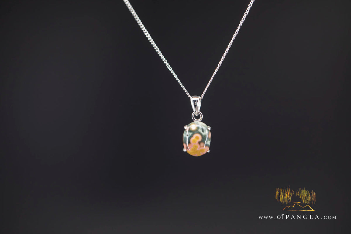 Madagascar Ocean Jasper Necklace - Rhodium plated Bezel - Italian sterling silver chain || JF1995
