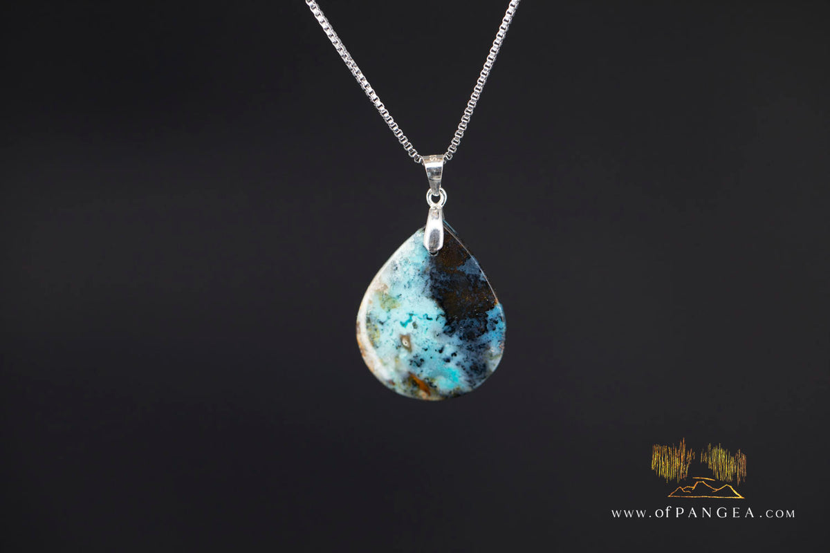 Chrysocolla Bacan - Petrified Wood teardrop - Italian Sterling Silver - Necklace || JF2028