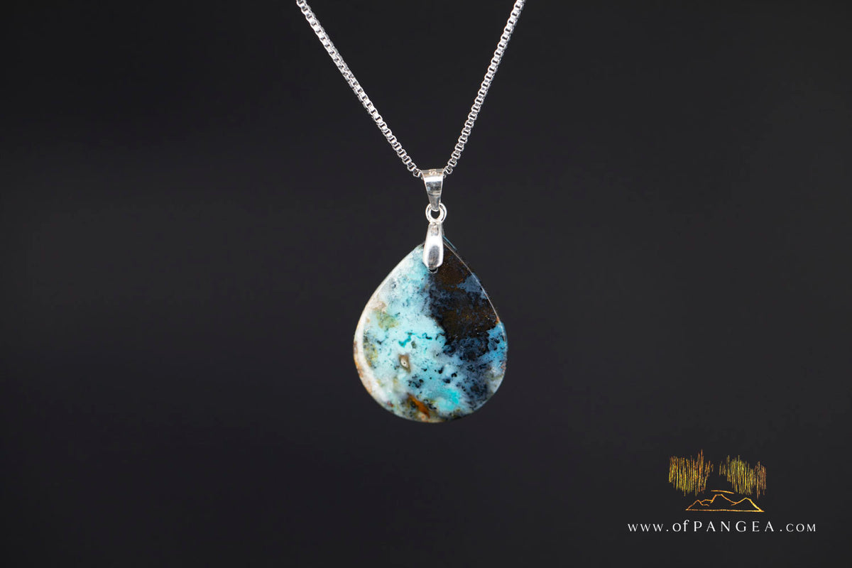 Chrysocolla Bacan - Petrified Wood teardrop - Italian Sterling Silver - Necklace || JF2028