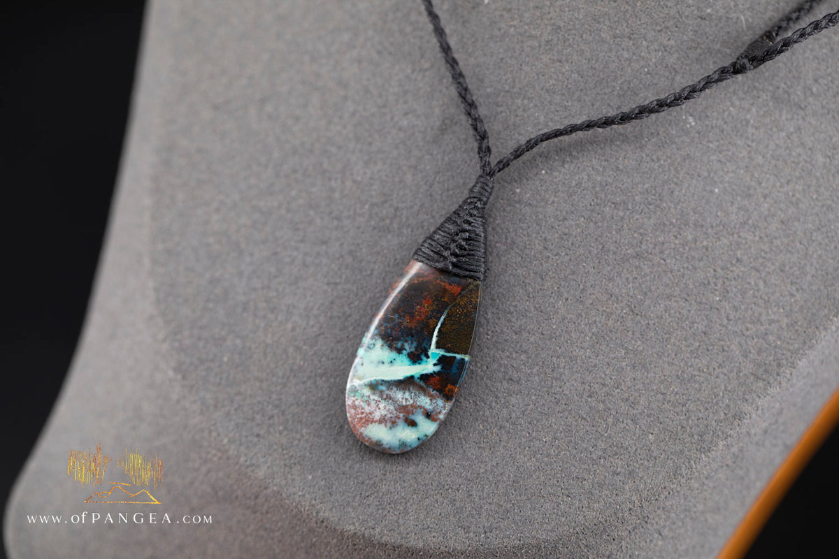 Chrysocolla Bacan - Petrified Wood teardrop - top binding - Necklace || JF2057