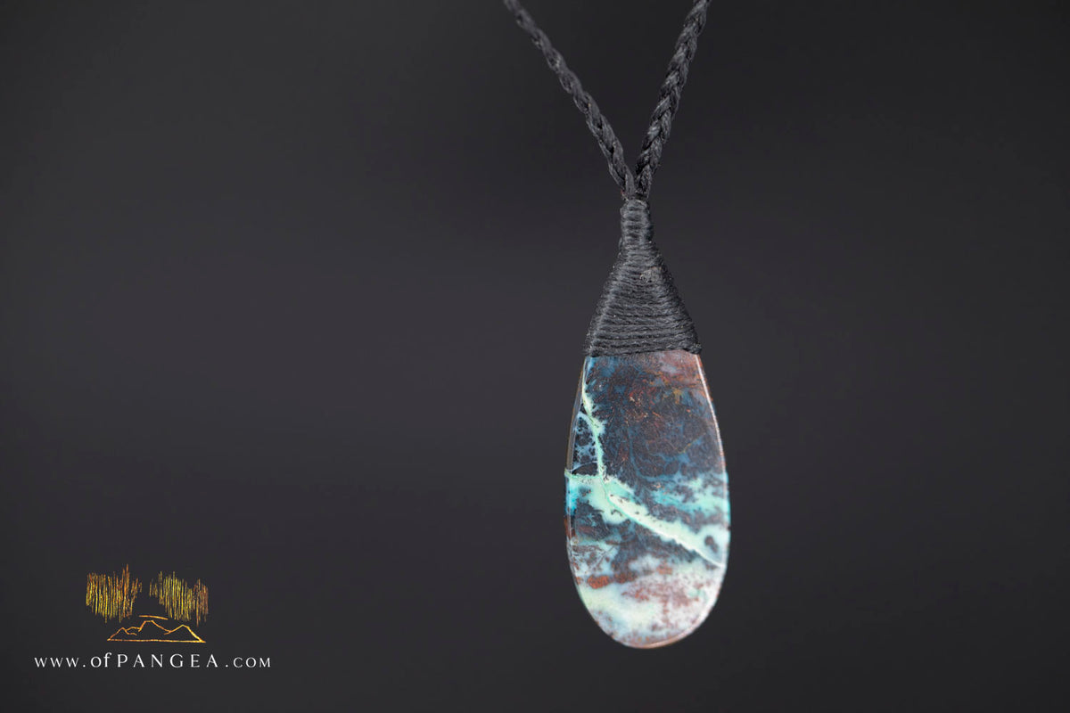 Chrysocolla Bacan - Petrified Wood teardrop - top binding - Necklace || JF2057