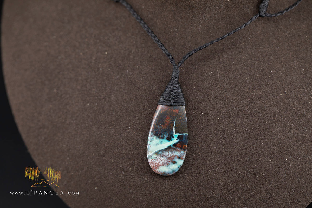 Chrysocolla Bacan - Petrified Wood teardrop - top binding - Necklace || JF2057