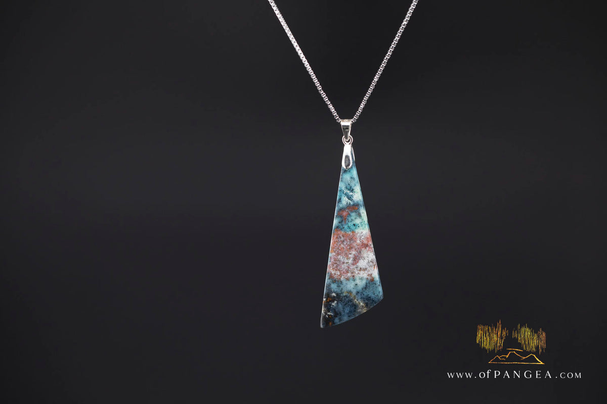 Chrysocolla Bacan - Petrified Wood Drop - Necklace - Italian Sterling Silver || JF2067